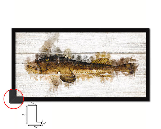 Monkfish Fish Art Wood Framed White Wash Restaurant Sushi Wall Decor Gifts, 10" x 20"