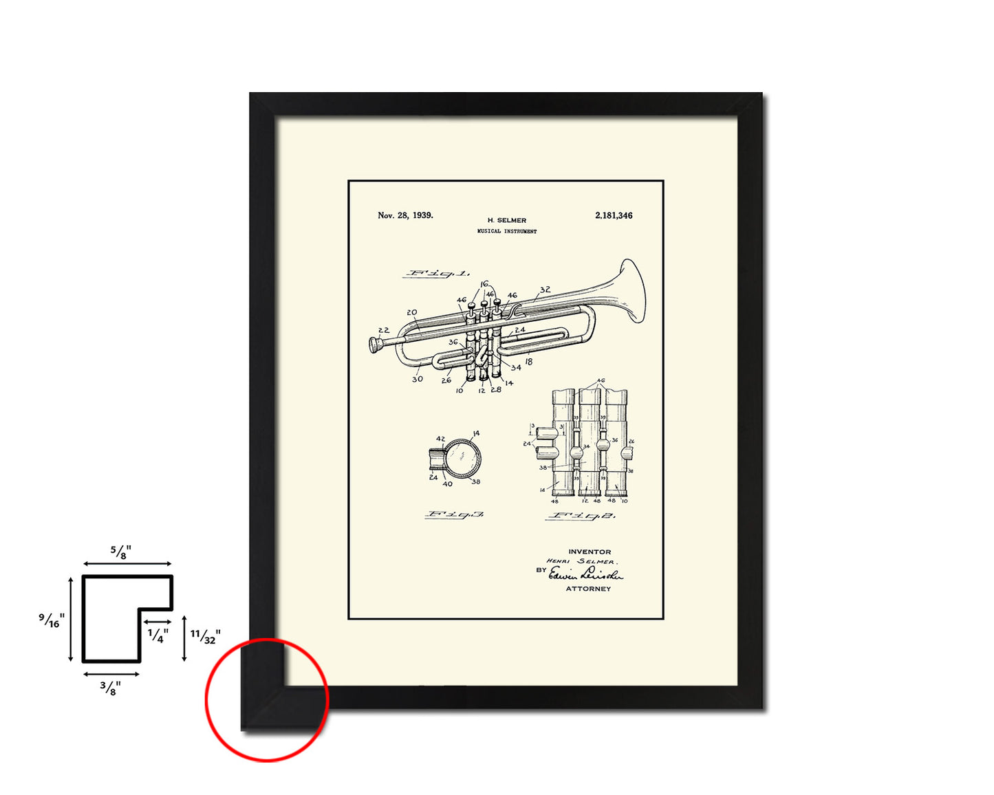 Trumpet Musical Instrument Music Vintage Patent Artwork Black Frame Print Gifts