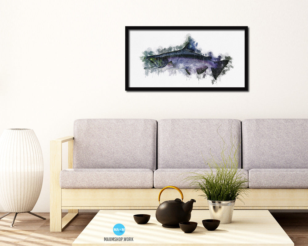 King Salmon Fish Art Wood Frame Modern Restaurant Sushi Wall Decor Gifts, 10" x 20"