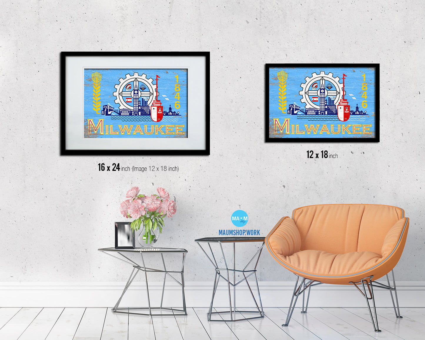 Milwaukee City Wisconsin State Shabby Chic Flag Framed Prints Decor Wall Art Gifts