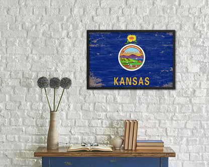 Kansas State Shabby Chic Flag Wood Framed Paper Print  Wall Art Decor Gifts