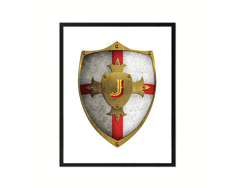 Letter J Medieval Castle Knight Shield Monogram Framed Print Wall Art Decor Gifts