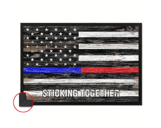 Thin Blue Line Police & Thin Red Line Firefighter Respect, Sticking Together Wood Rustic Flag Art