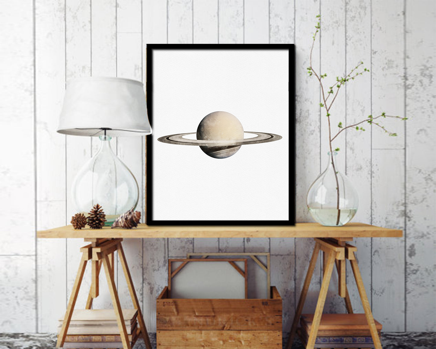 Saturn Planet Prints Watercolor Solar System Wood Framed Paper Print Wall Art Decor Gifts