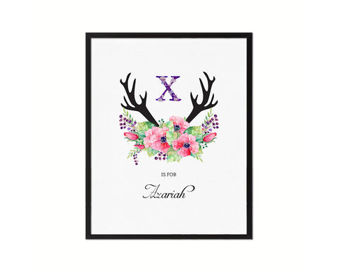Initial Letter X Watercolor Floral Boho Monogram Art Framed Print Baby Girl Room Wall Decor Gifts