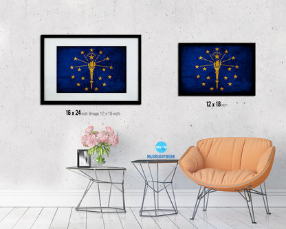 Indiana State Vintage Flag Wood Framed Paper Print Wall Art Decor Gifts