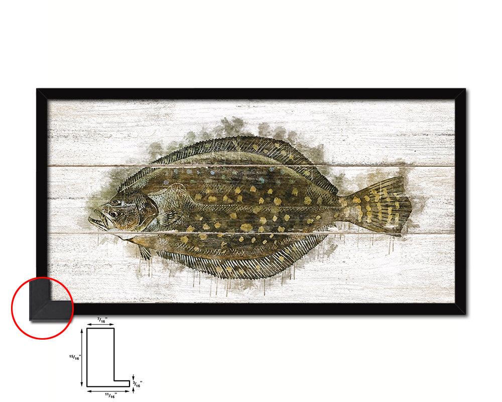 Flounder Fish Art Wood Framed White Wash Restaurant Sushi Wall Decor Gifts, 10" x 20"