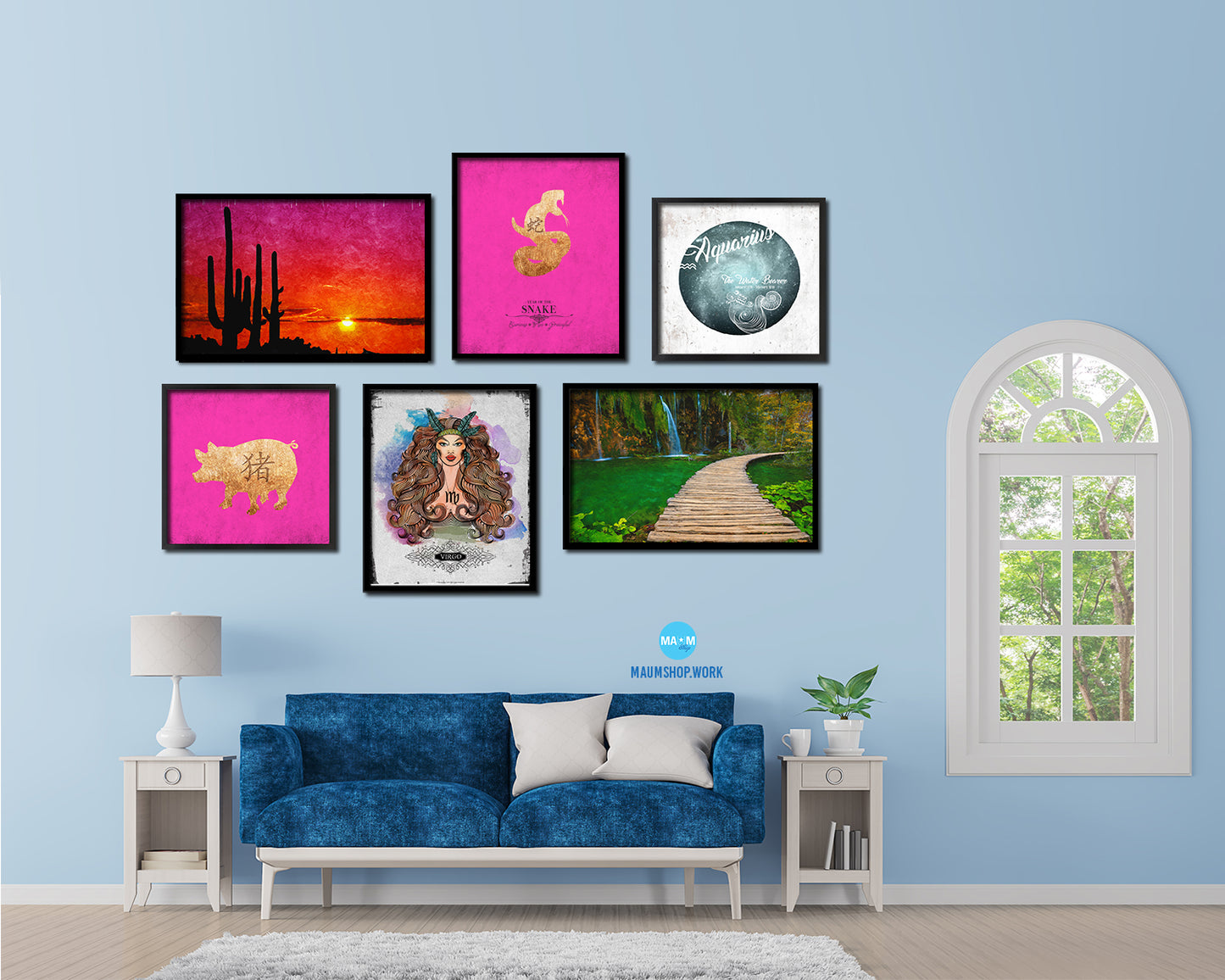 Snake Chinese Zodiac Character Black Framed Art Paper Print Wall Art Decor Gifts, Pink