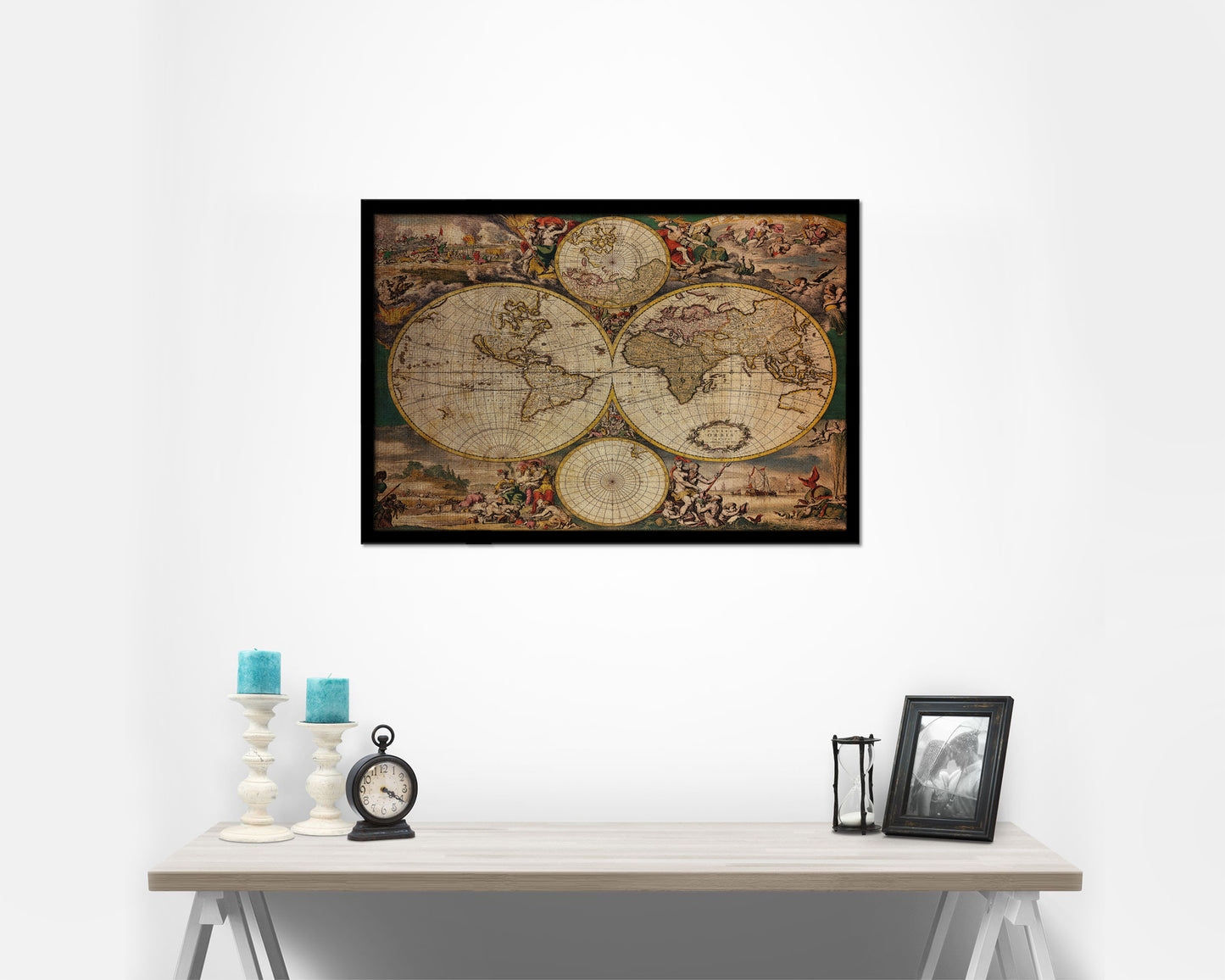 World hemispheres Frederick De Wit Amsterdam 1668 Vintage Map Framed Print Art Wall Decor Gifts