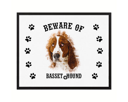 Beware of Basset Hound Sign Wood Framed Print Wall Art Decor Gifts