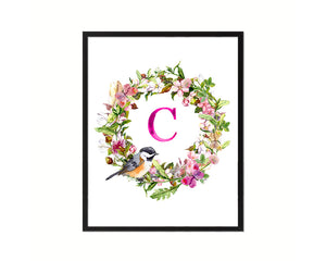 Letter C Floral Wreath Monogram Framed Print Wall Art Decor Gifts