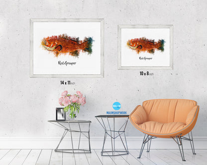 Red Grouper Fish Framed Prints Modern Restaurant Sushi Bar Watercolor Wall Art Decor