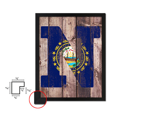New Hampshire State Initial Flag Wood Framed Paper Print Decor Wall Art Gifts, Wood