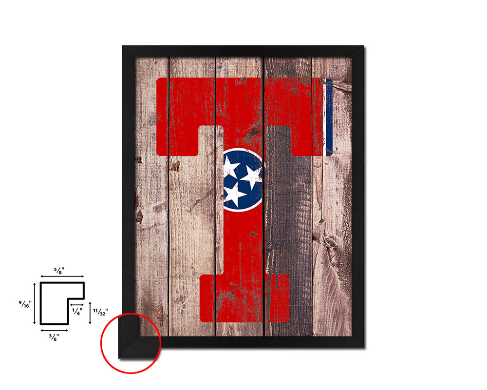 Tennessee State Initial Flag Wood Framed Paper Print Decor Wall Art Gifts, Wood