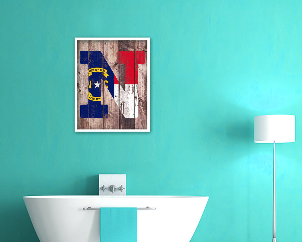 North Carolina State Initial Flag Wood Framed Paper Print Decor Wall Art Gifts, Wood