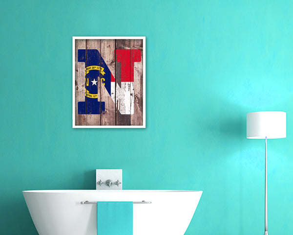 North Carolina State Initial Flag Wood Framed Paper Print Decor Wall Art Gifts, Wood