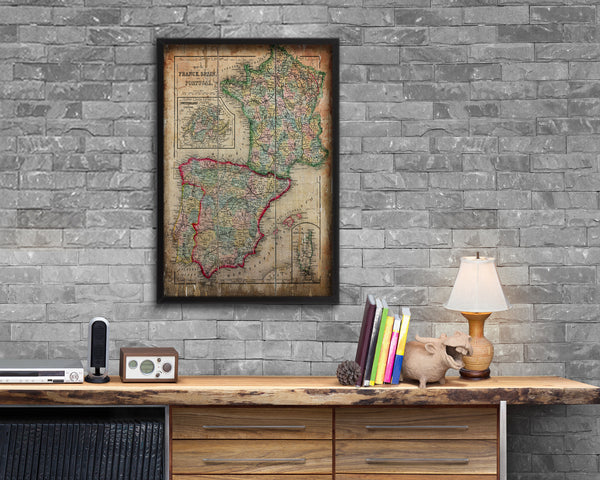 Spain Portugal and France Antique Map Wood Framed Print Art Wall Decor Gifts