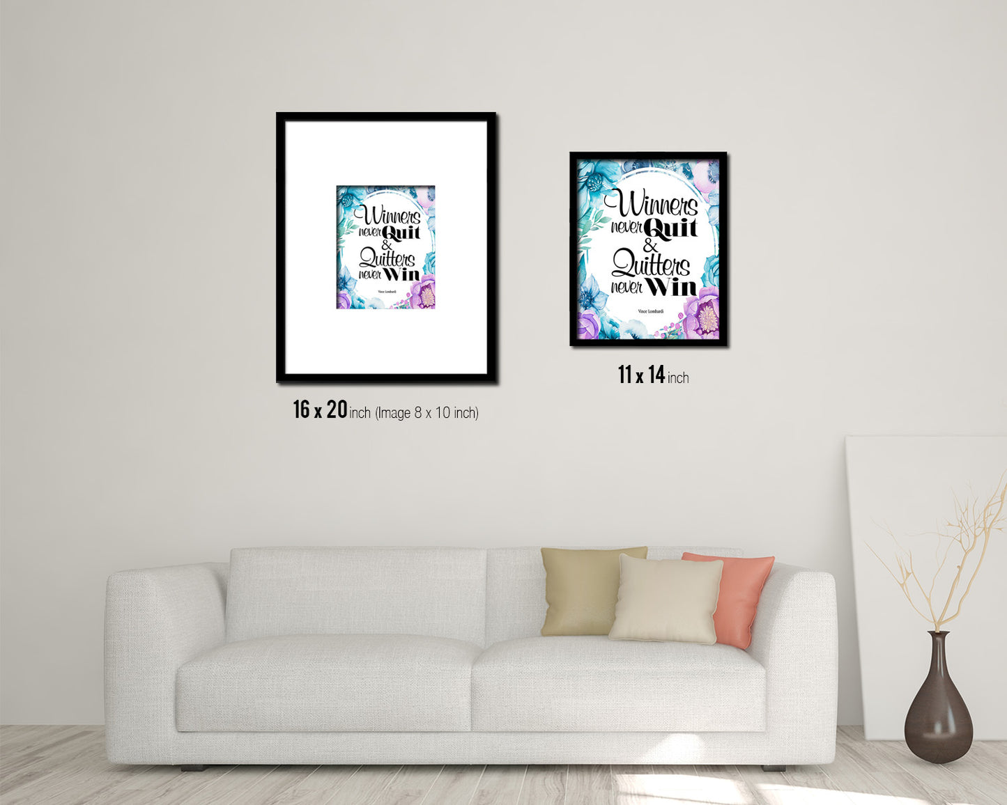 Winners never quit, Vince Lombardi Quote Boho Flower Framed Print Wall Decor Art