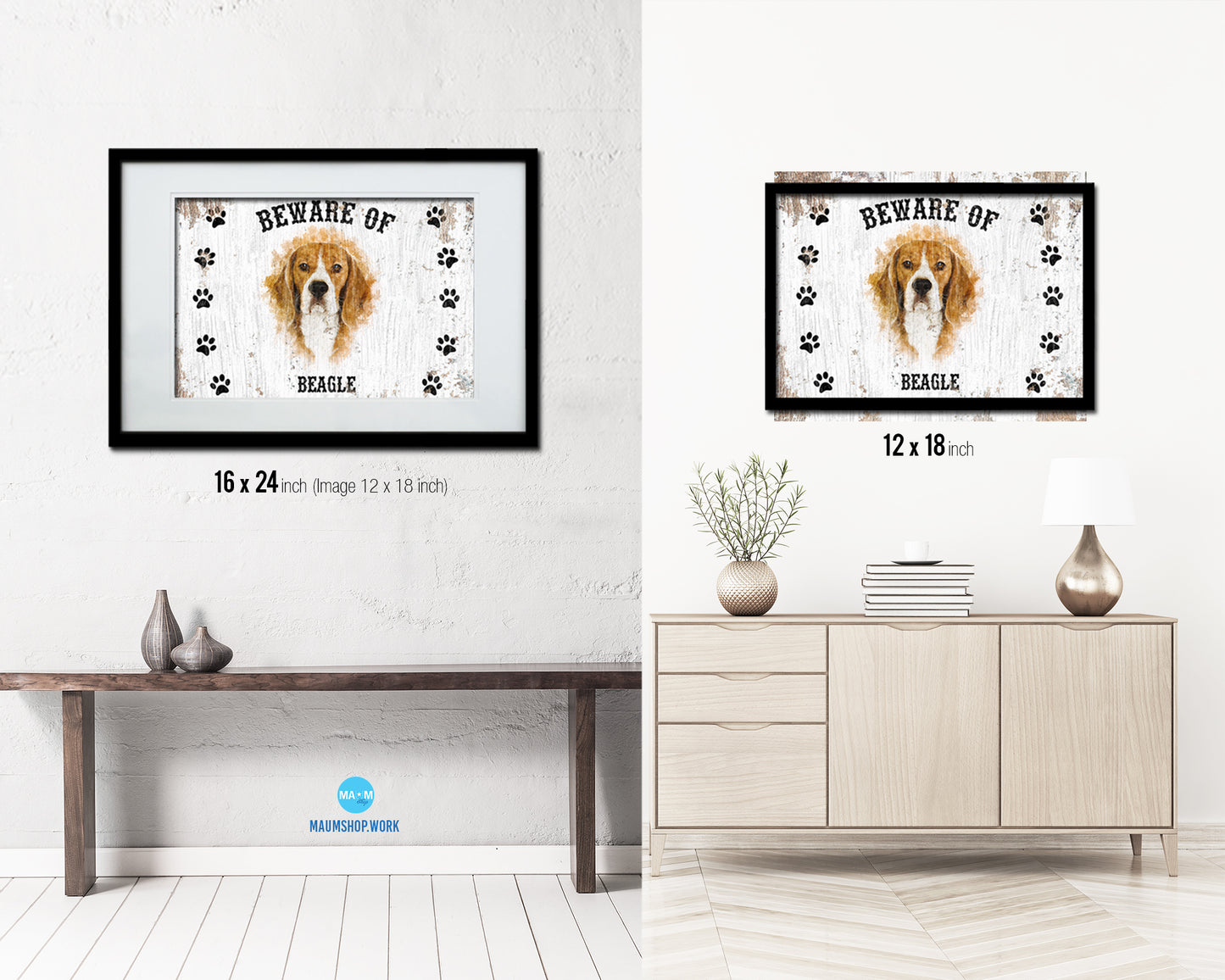 Beware of Beagle Sign Wood Framed Print Wall Art Decor Gifts