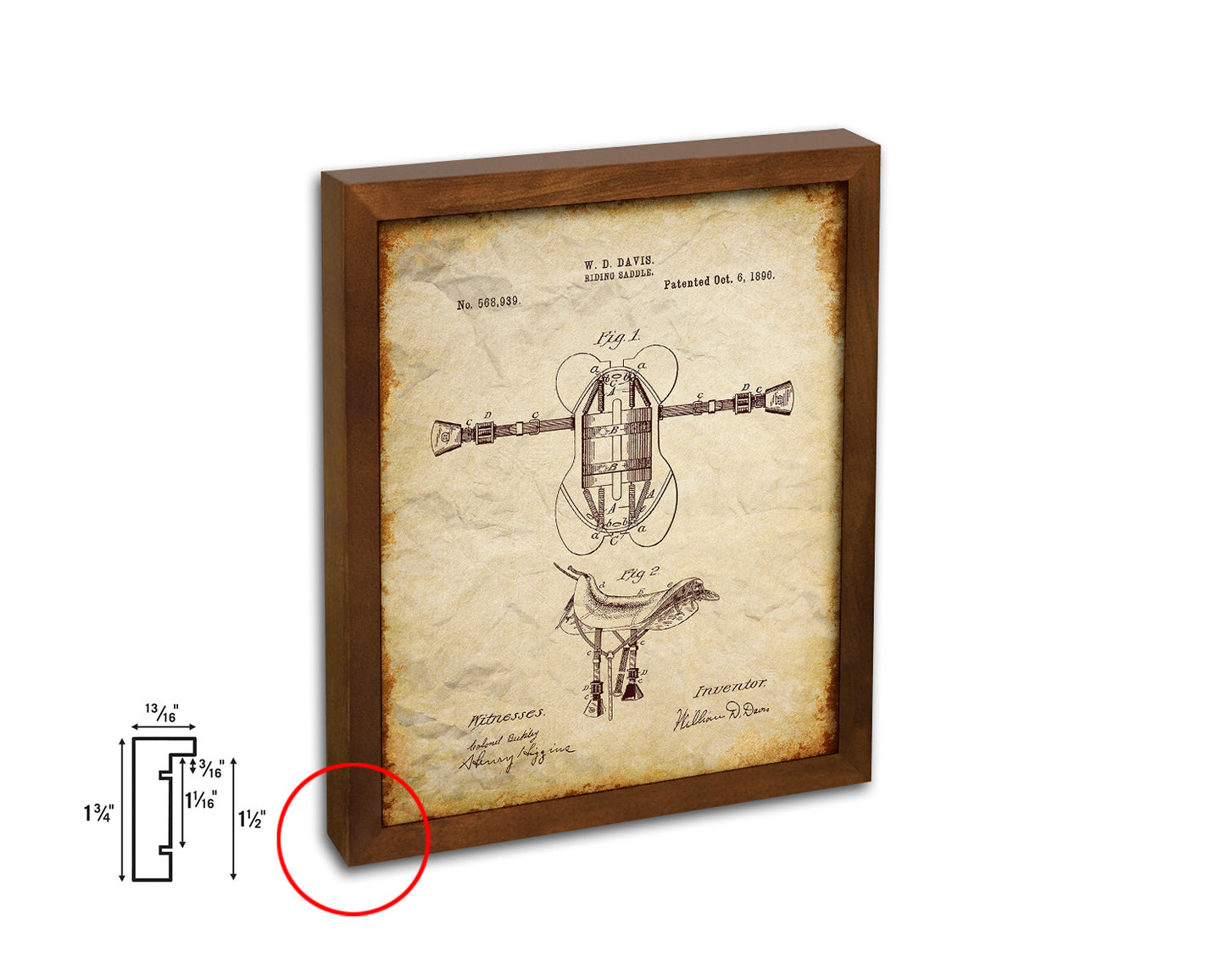Riding Saddle Cowboy Vintage Patent Artwork Walnut Frame Print Wall Art Decor Gifts