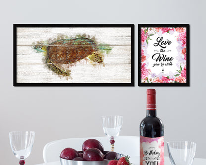 Turtle Fish Art Wood Framed White Wash Restaurant Sushi Wall Decor Gifts, 10" x 20"
