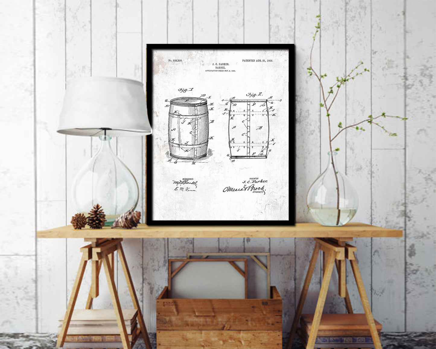 Barrel Wine Vintage Patent Artwork Black Frame Print Gifts