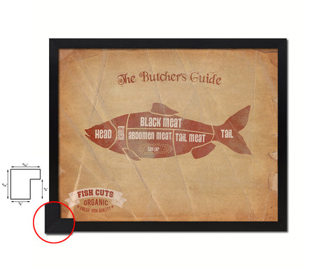 Fish  Meat Cuts Butchers Chart Wood Framed Paper Print Home Decor Wall Art Gifts