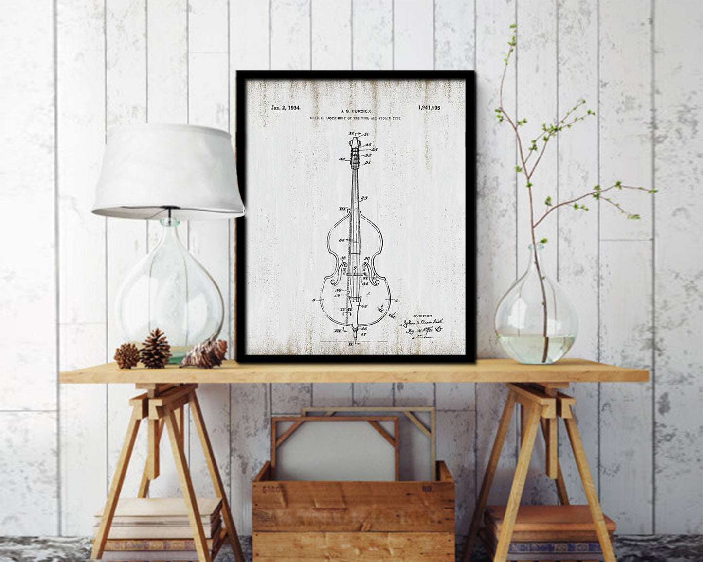 Violin Music Vintage Patent Artwork Black Frame Print Wall Art Decor Gifts