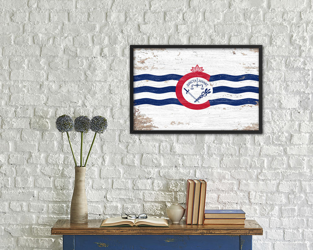 Cincinnati City Ohio State Shabby Chic Flag Framed Prints Decor Wall Art Gifts