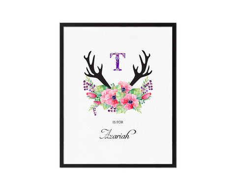 Initial Letter T Watercolor Floral Boho Monogram Art Framed Print Baby Girl Room Wall Decor Gifts