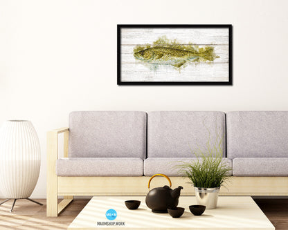 Cod Fish Art Wood Framed White Wash Restaurant Sushi Wall Decor Gifts, 10" x 20"