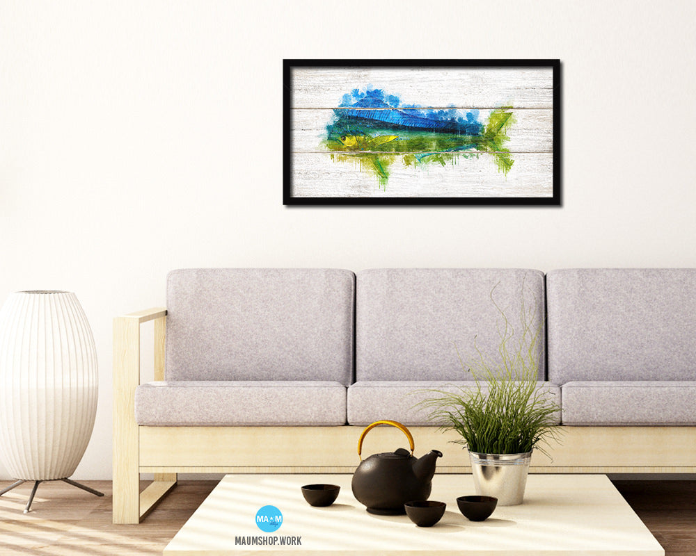 Dorado Fish Art Wood Framed White Wash Restaurant Sushi Wall Decor Gifts, 10" x 20"