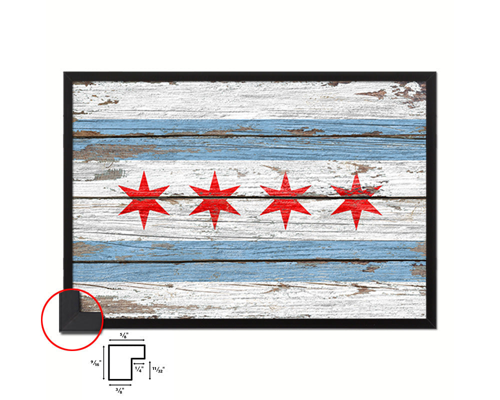 Chicago City Illinois State Rustic Flag Wood Framed Paper Prints Decor Wall Art Gifts