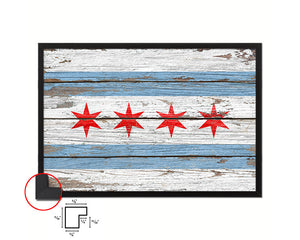 Chicago City Illinois State Rustic Flag Wood Framed Paper Prints Decor Wall Art Gifts