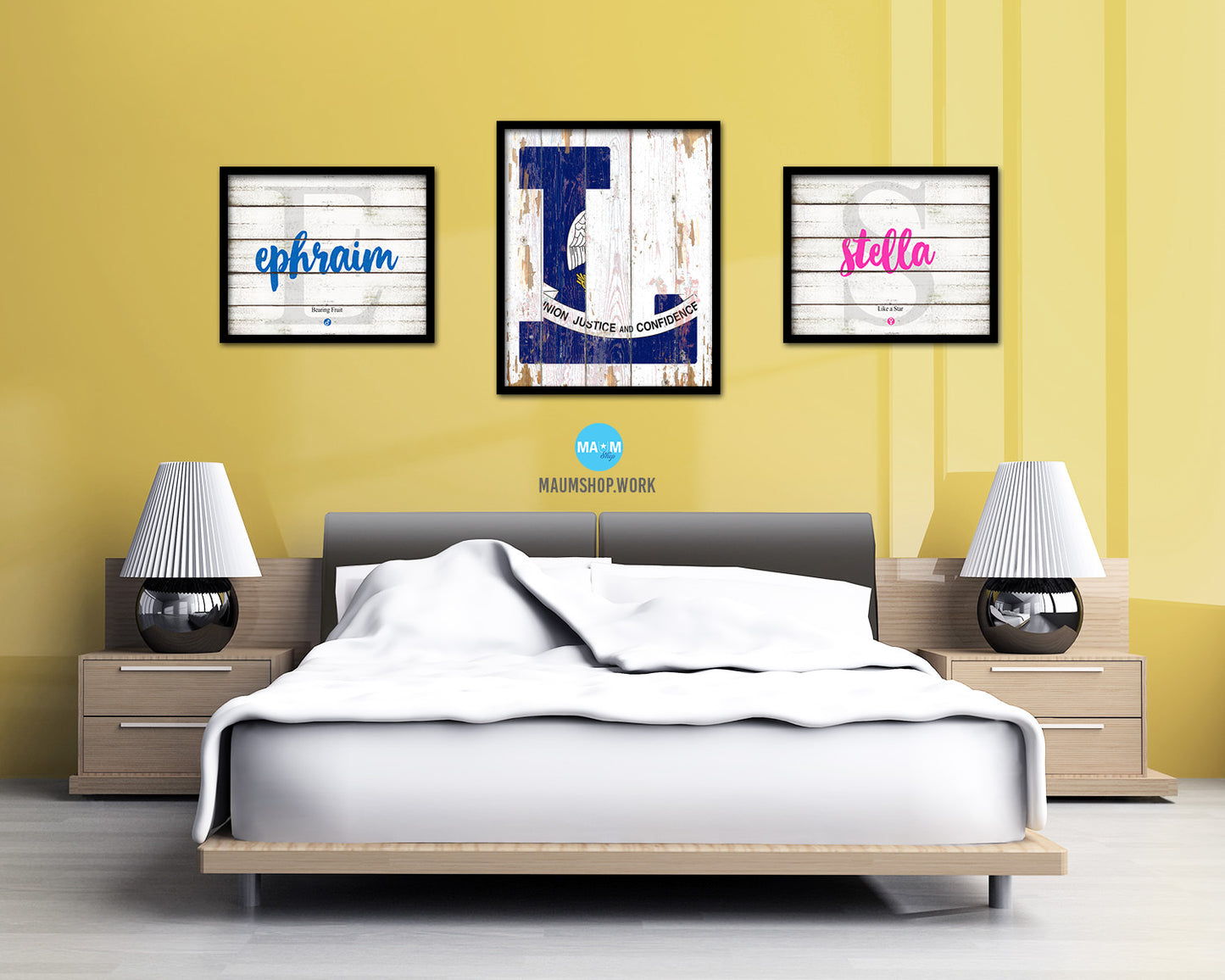 Louisiana State Initial Flag Wood Framed Paper Print Decor Wall Art Gifts, Beach