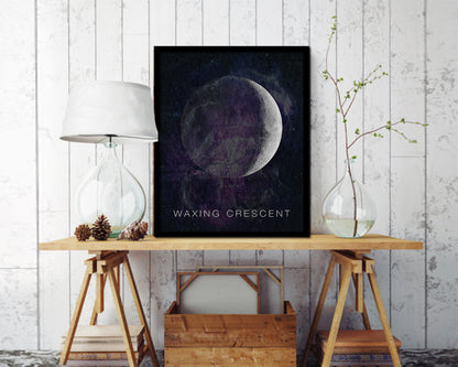 Waxing Crescent Lunar Phases Moon Watercolor Nursery Framed Prints Home Decor Wall Art Gifts