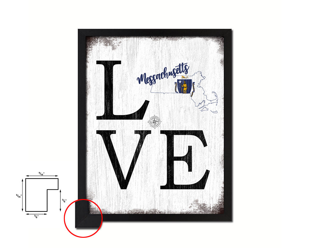 Massachusetts Shabby Chic Love Sign Wood Framed Paper Print Decor Wall Art Gifts
