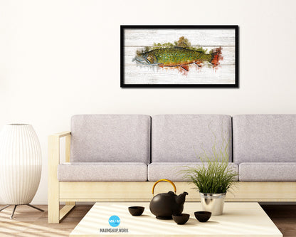 Brook Trout Fish Art Wood Framed White Wash Restaurant Sushi Wall Decor Gifts, 10" x 20"