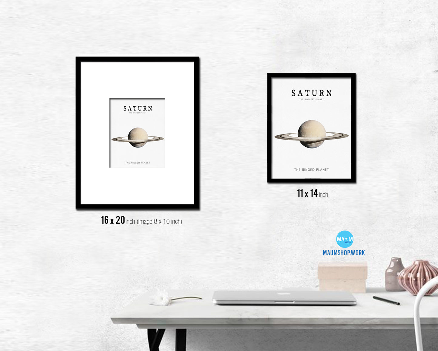 Saturn Planet Prints Watercolor Solar System Wood Framed Paper Print Wall Art Decor Gifts