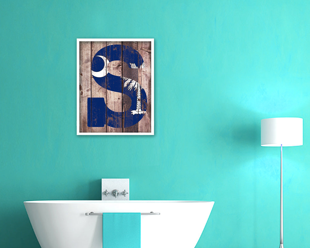 South Carolina State Initial Flag Wood Framed Paper Print Decor Wall Art Gifts, Wood