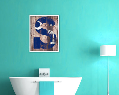 South Carolina State Initial Flag Wood Framed Paper Print Decor Wall Art Gifts, Wood