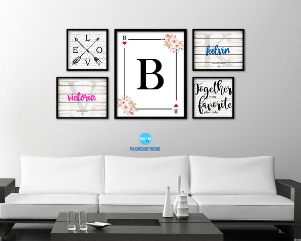 Letter B Personalized Boho Monogram Heart Playing Decks Framed Print Wall Art Decor Gifts