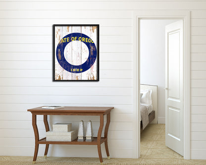 Oregon State Initial Flag Wood Framed Paper Print Decor Wall Art Gifts, Beach