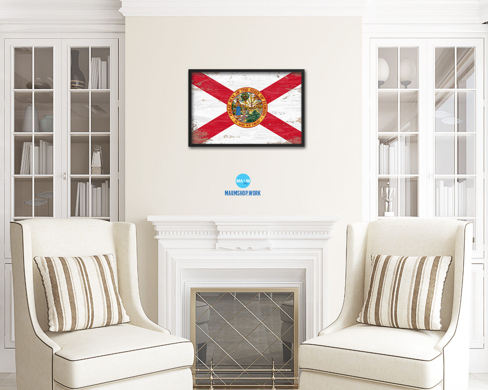 Florida State Shabby Chic Flag Wood Framed Paper Print  Wall Art Decor Gifts
