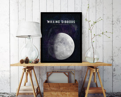 Waxing Gibbous Lunar Phases Length of Year Moon Watercolor Nursery Framed Prints Wall Art Gift