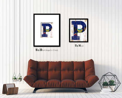 Pennsylvania State Initial Flag Wood Framed Paper Print Decor Wall Art Gifts, Beach