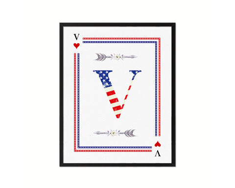 Letter V Custom Monogram Card Decks Heart American Flag Framed Print Wall Art Decor Gifts