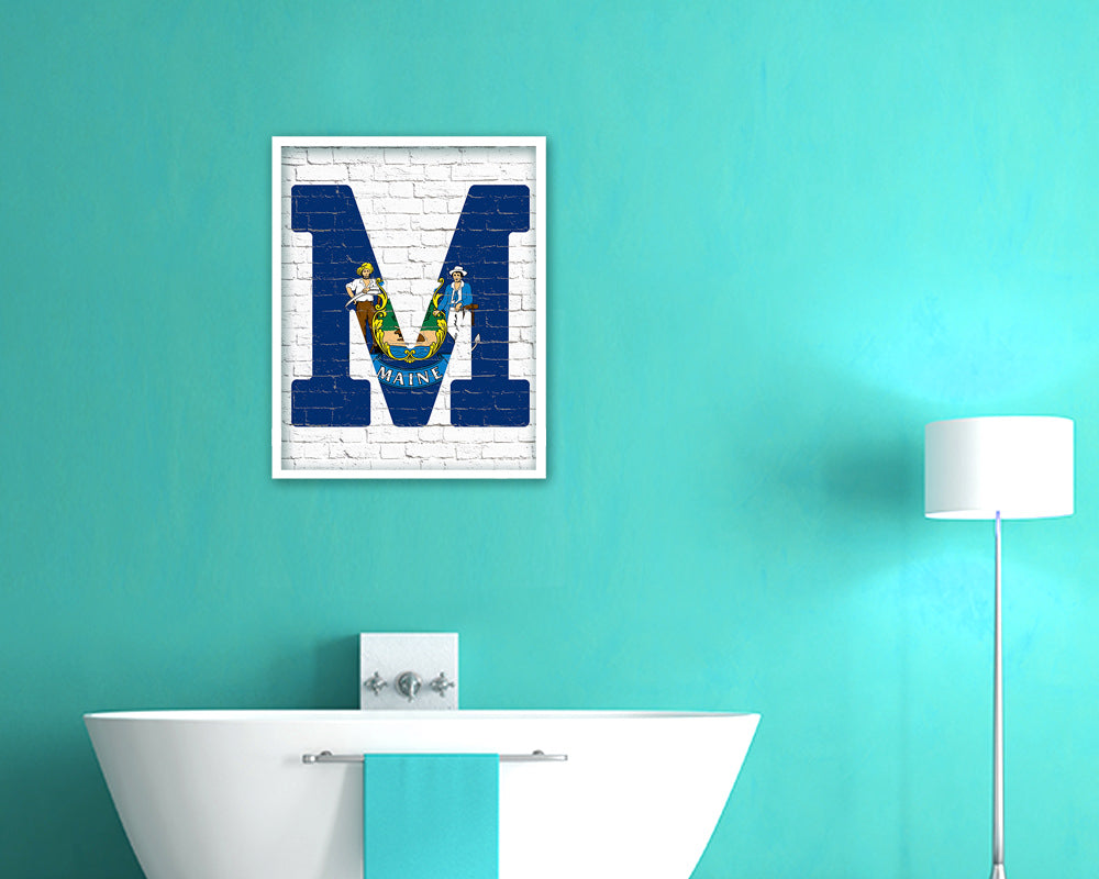 Maine State Initial Flag Wood Framed Paper Print Decor Wall Art Gifts, Brick