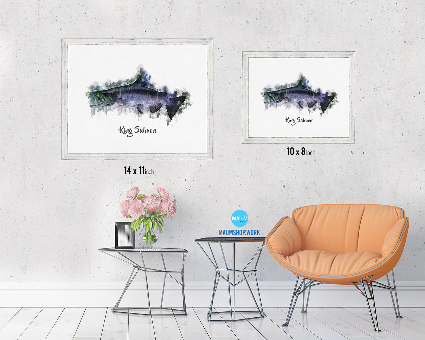 King Salmon Fish Framed Prints Modern Restaurant Sushi Bar Watercolor Wall Art Decor