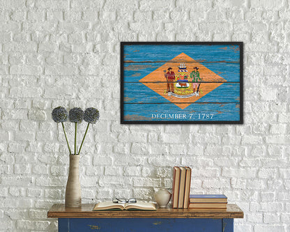 Delaware State Rustic Flag Wood Framed Paper Prints Wall Art Decor Gifts